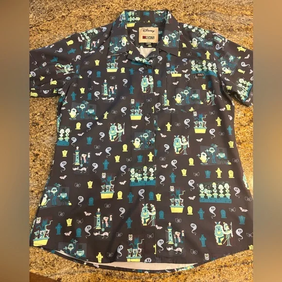 RSVLTS Womens Disney Haunted Mansion Grim Grinning Graveyard Ghosts Camp Shirt L - Picture 1 of 11